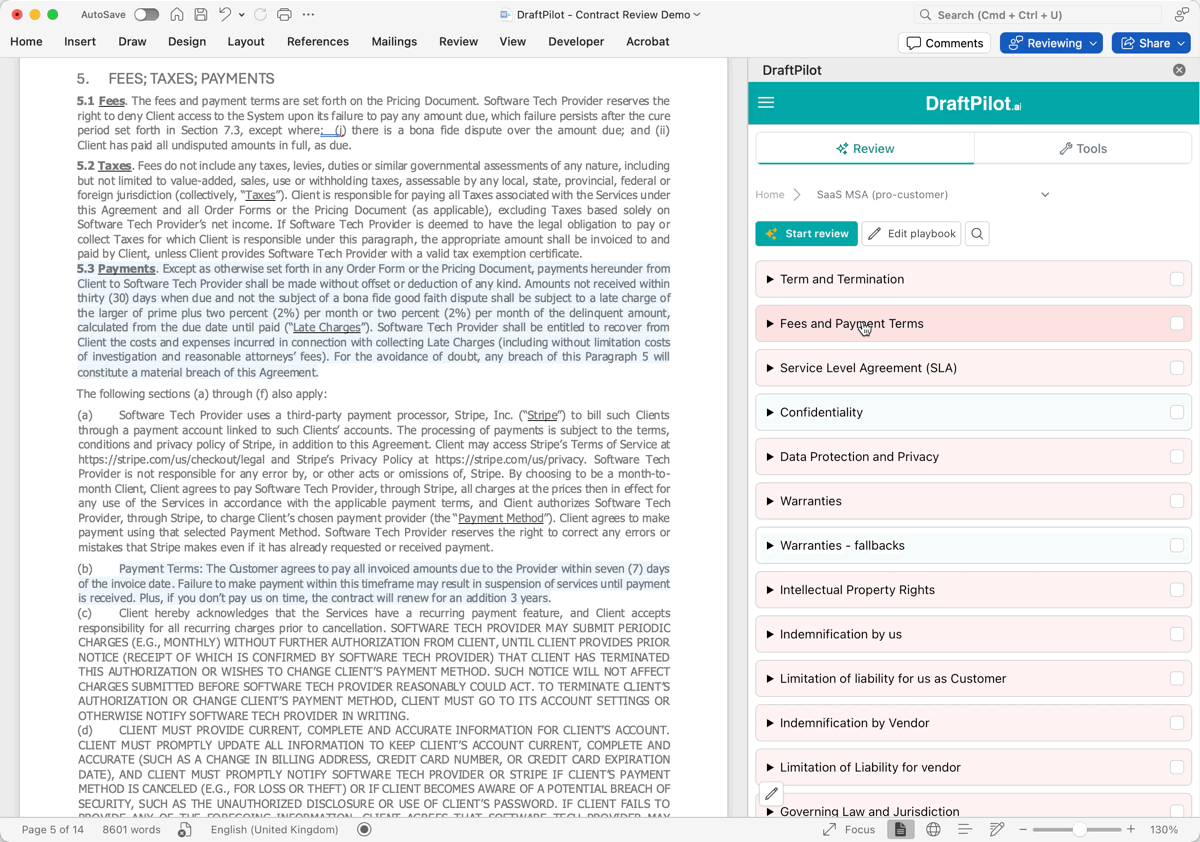 DraftPilot proposing tracked-change redlines inside a Microsoft Word contract
