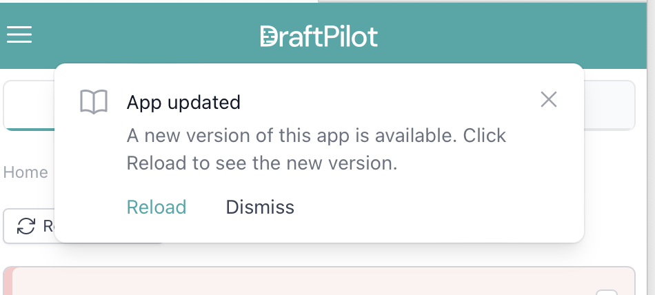 The App updated dialog over the DraftPilot task pane, reading “A new version of this app is available. Click Reload to see the new version.” with Reload and Dismiss buttons.